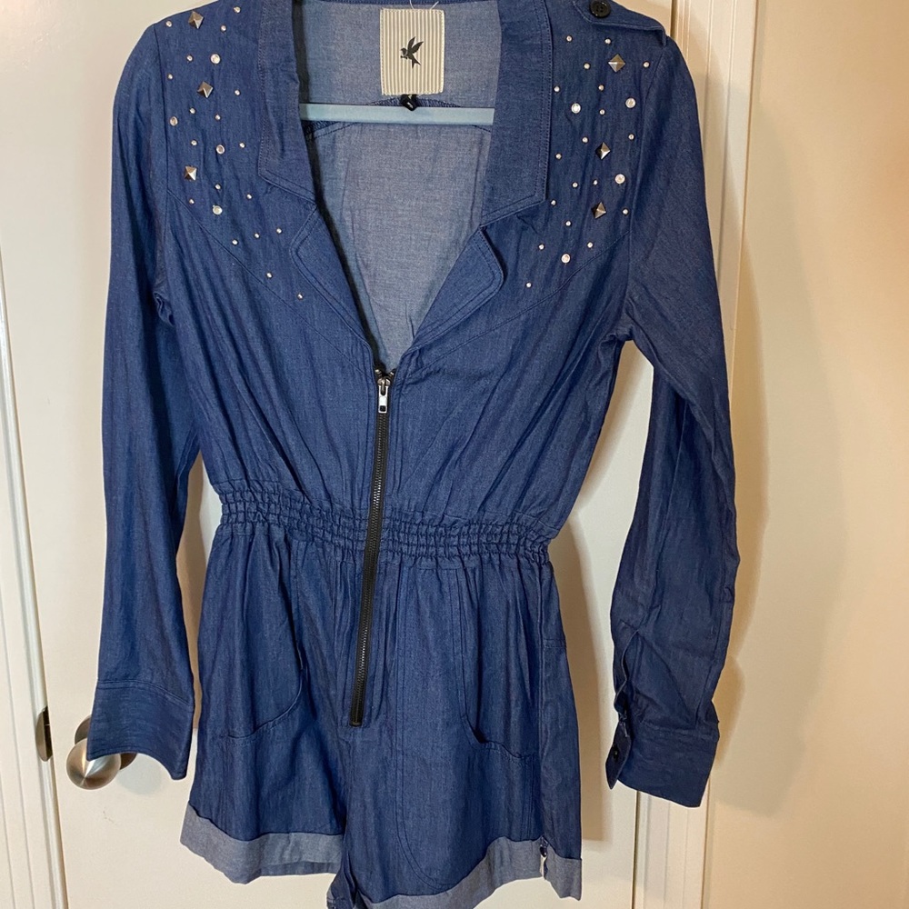Stage worthy blue jean romper with fringe sz: xs